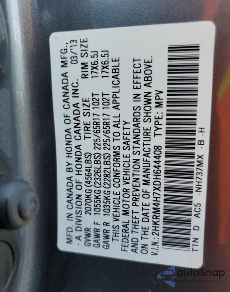 2013 Honda Cr-V Exl from USA, damaged, VIN 2HKRM4H7XDH644408